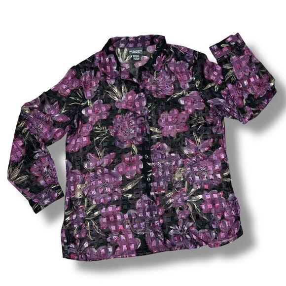 Vintage Notations Sheer Floral Check Shimmer Blouse Black Purple Large - Picture 11 of 11